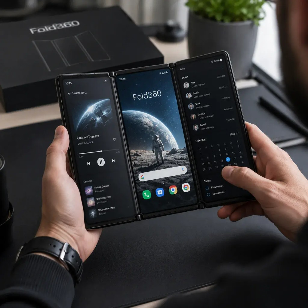 Fold360™ — smartphone pieghevole a 3 schermi in uso