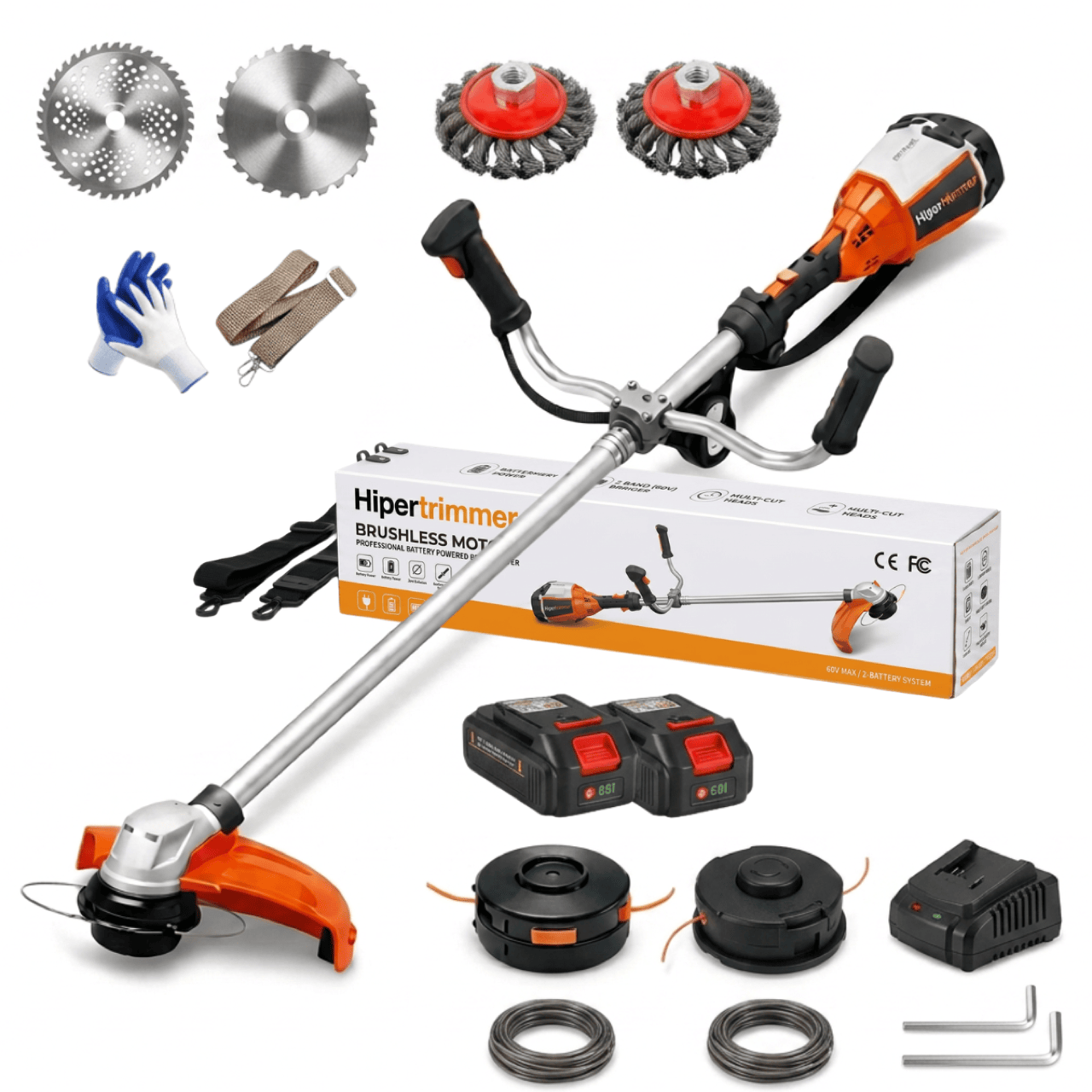 Pełna zawartość paczki HyperTrimmer 3000: korpus maszyny, 2 akumulatory 60 V litowo-jonowe, szybka ładowarka, 3 głowice tnące (żyłka, ostrze, tarcza), ergonomiczny pas, rękawice, okulary i instrukcja